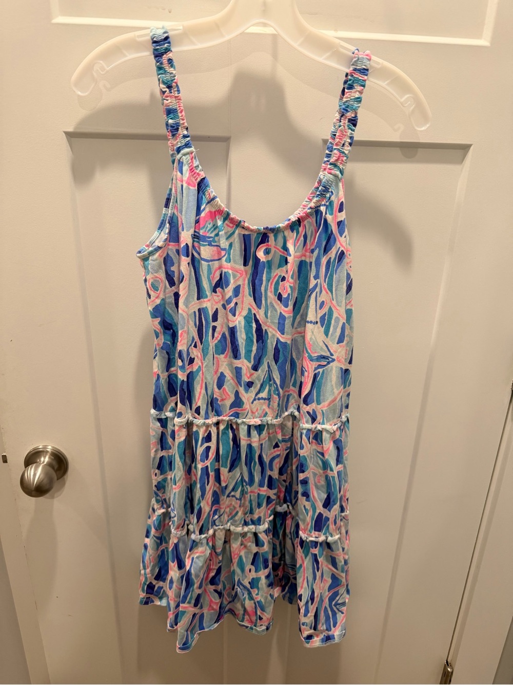 Lilly Pulitzer Tiered Sundress M Blue Pink Shell Print Smocked Straps Cotton